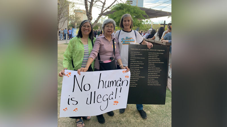 Maryknoll Sister Esperanza Principio and Maryknoll Lay Missioners Maria Corazón Angeles and Heidi Cerneka (left to right) attend a march in El Paso, Texas, where they serve, to call for the end of mass deportations and to mourn the deaths of people who were killed by ICE agents or died in detention. (Courtesy of Esperanza Principio/U.S.)