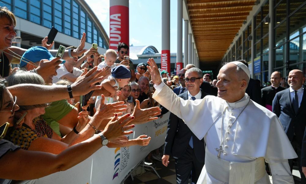 Pope Leo XIV greets people attending the Meeting for Friendship Among Peoples, hosted by the Catholic lay movement, Communion and Liberation, in Rimini, Italy, Aug. 22, 2026. (CNS/Vatican Media)