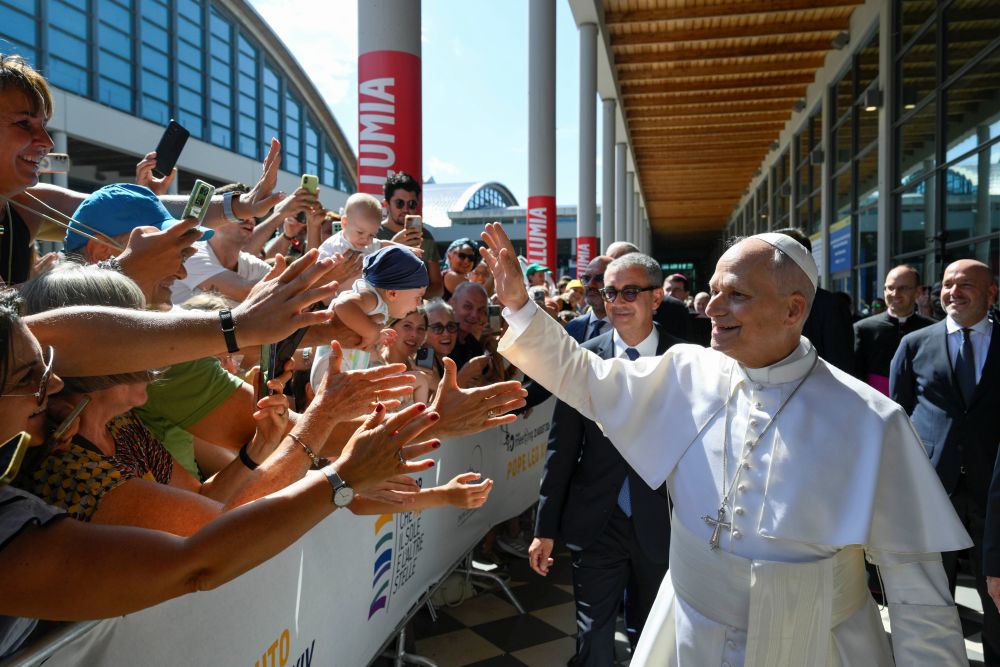 Pope Leo XIV greets people attending the Meeting for Friendship Among Peoples, hosted by the Catholic lay movement, Communion and Liberation, in Rimini, Italy, Aug. 22, 2026. (CNS/Vatican Media)
