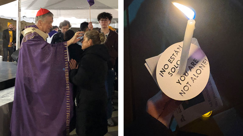 Left: Chicago Cardinal Blase J. Cupich distributes ashes to the faithful at Ash Wednesday Mass for Chicago-area migrants in Melrose Park, Ill., Feb. 18, 2026. (OSV News photo/Simone Orendain) Right: Candles bearing a message of hope in English and Spanish were distributed to participants at the events supporting migrants and immigrants. (Courtesy of Fernanda Balderrama Chavarria/U.S.)