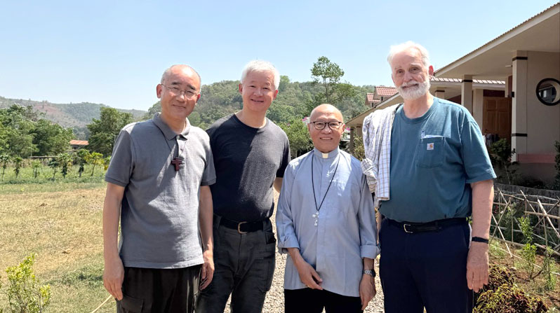 Shown left to right are Father Augustine Win Myint, Maryknoll Father Alfonso Kim, Archbishop Marco Win Tin and Maryknoll Father John Barth. In addition to carrying out the contemplative retreat, the clergy reviewed earthquake relief efforts led by the Archdiocese of Mandalay and supported by the Maryknoll Society. (Courtesy of Alfonso Kim/Myanmar)