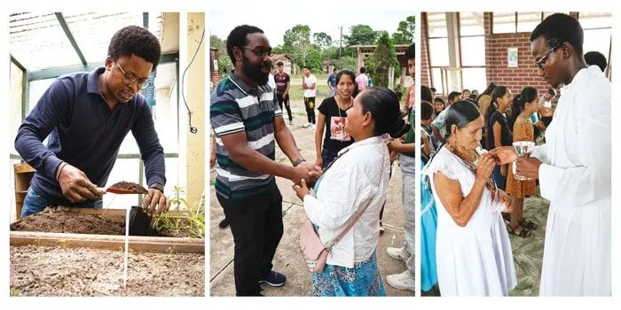Izq.: El seminarista Maryknoll Barrack Odeka aplica su experiencia en agricultura al trabajo de Maryknoll de ayudar con proyectos de reforestación en Cochabamba y en la Amazonía. Centro: En un servicio de Comunión dirigido por los seminaristas de la parroquia Santísima Trinidad en el TIPNIS, Kabaka saluda a los feligreses. Dcha.: Seminarista Maryknoll Mutiso reparte la Comunión en la parroquia Santísima Trinidad en el TIPNIS. (Fotos de Adam Mitchell/Bolivia)