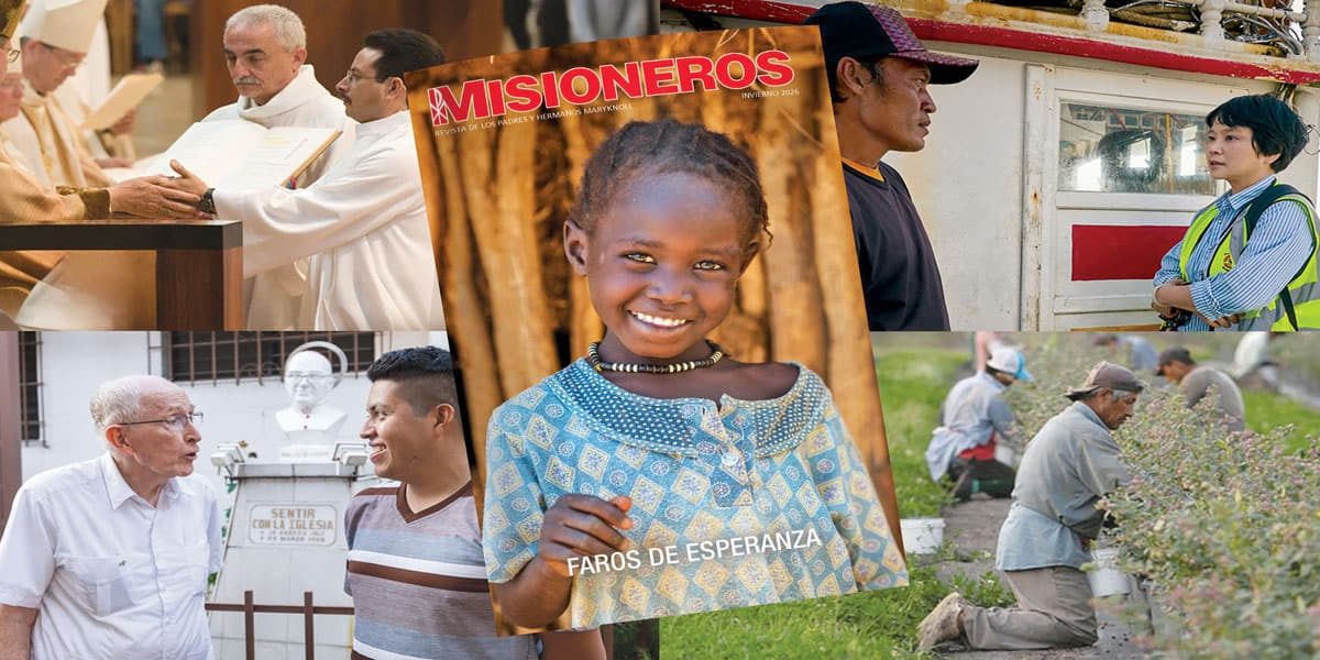 Un collage de fotos del número de invierno de 2026 de la revista Misioneros, con la portada en el centro, en la que aparece una joven sonriendo a la cámara.
