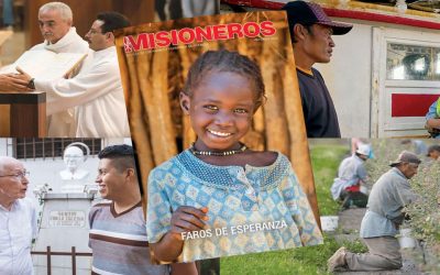 Un collage de fotos del número de invierno de 2026 de la revista Misioneros, con la portada en el centro, en la que aparece una joven sonriendo a la cámara.
