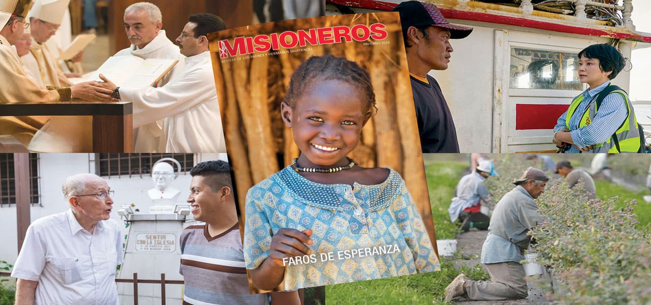 Un collage de fotos del número de invierno de 2026 de la revista Misioneros, con la portada en el centro, en la que aparece una joven sonriendo a la cámara.