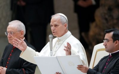 El Papa León XIV da la bendición a los visitantes durante su audiencia general en la Sala de Audiencias Pablo VI del Vaticano, el 11 de febrero de 2024. (CNS/Lola Gómez)