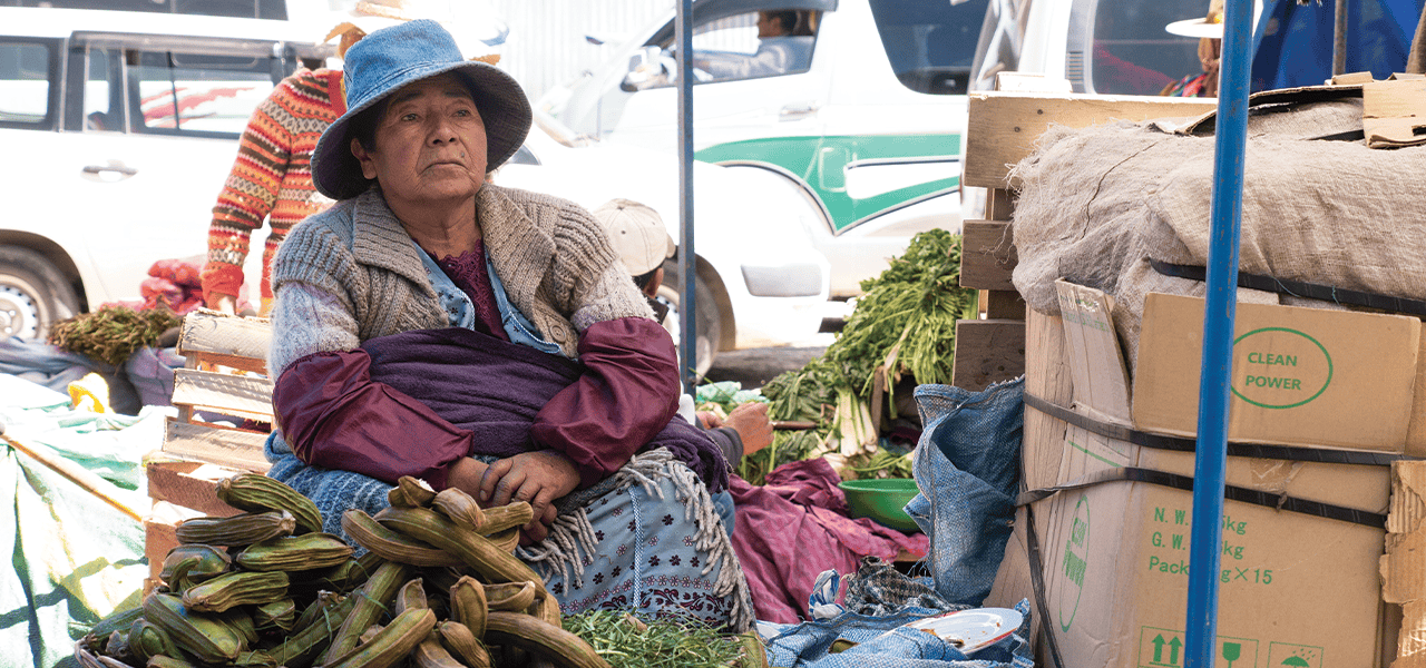 Una mujer vende vegetales en la cancha, un mercado informal en Cochabamba, Bolivia. (Nile Sprague/Bolivia)