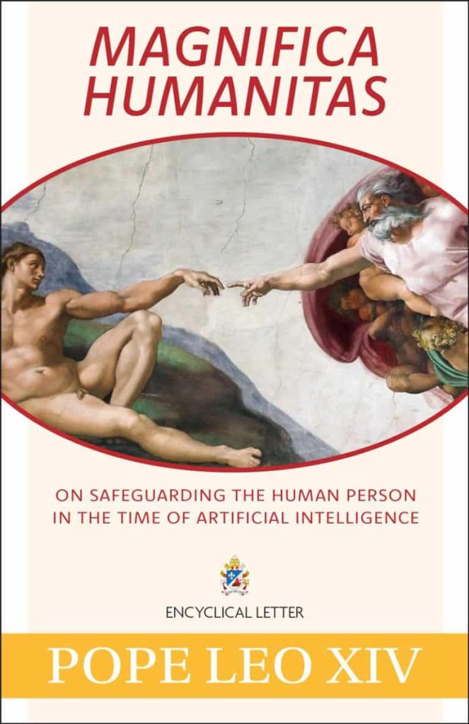 Esta es la portada de «Magnifica Humanitas: Sobre la custodia de la persona humana en el tiempo de la inteligencia artificial», la primera encíclica del papa León XIV, publicada el 25 de mayo de 2026. (Ilustración de OSV News / Our Sunday Visitor)