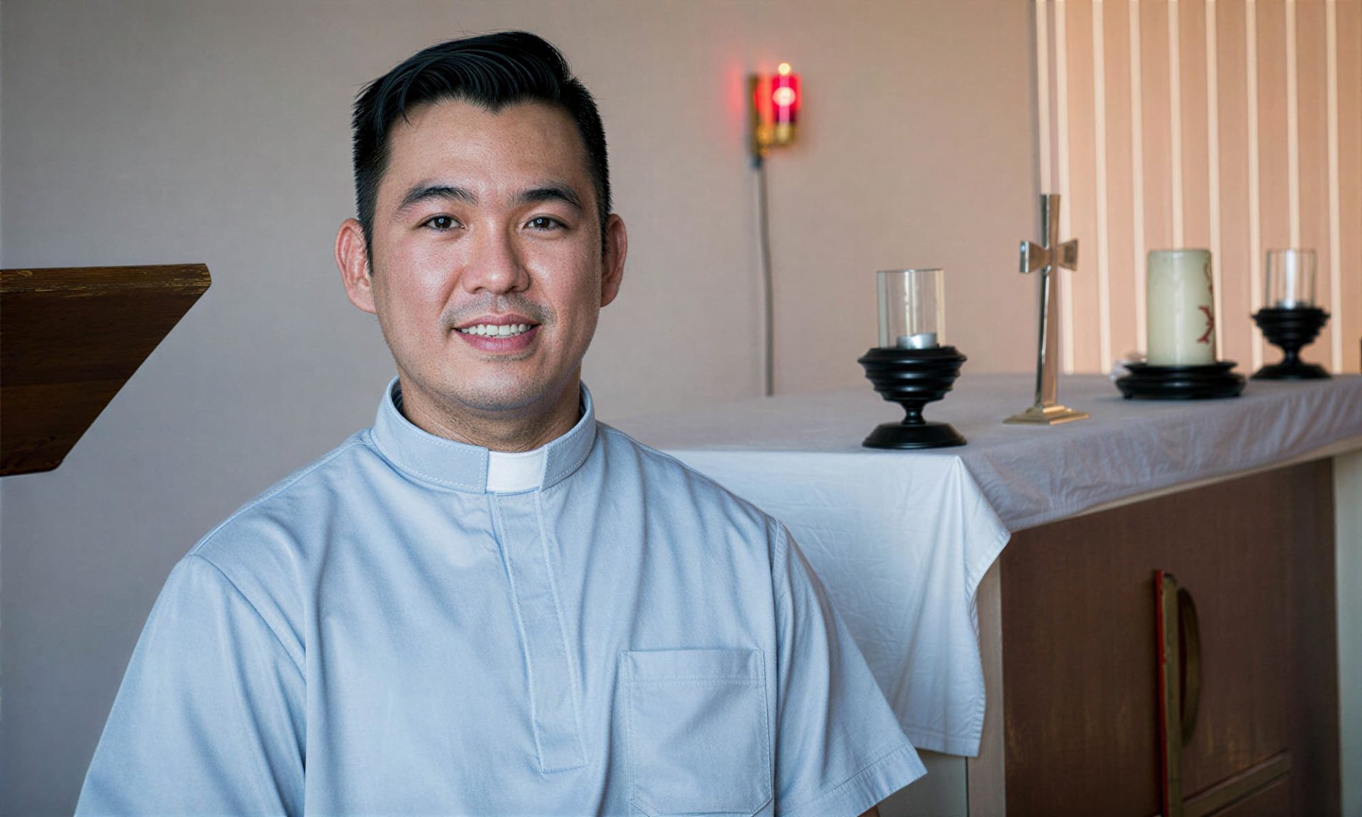Fr. Daniel Kim stands in front of an alter smiling