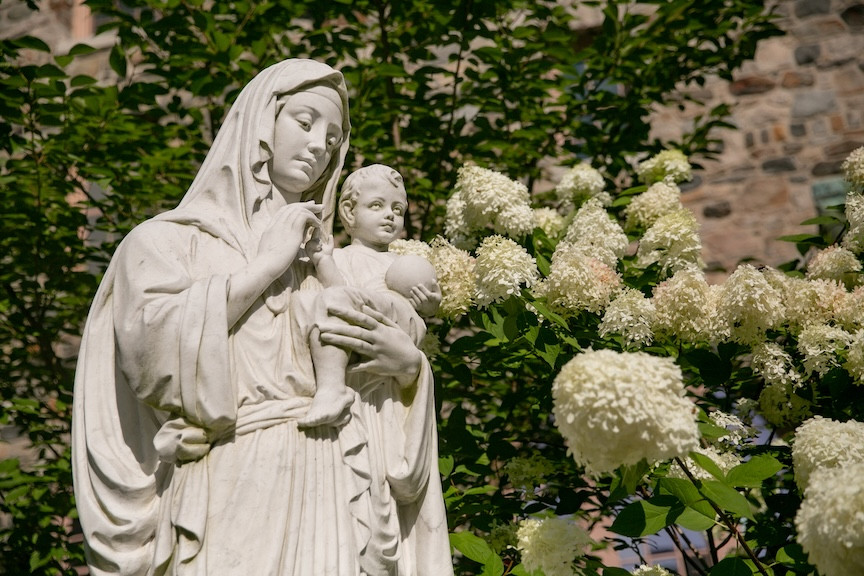 Statue of Mary and Jesus in the Gardens at the Maryknoll Society Center