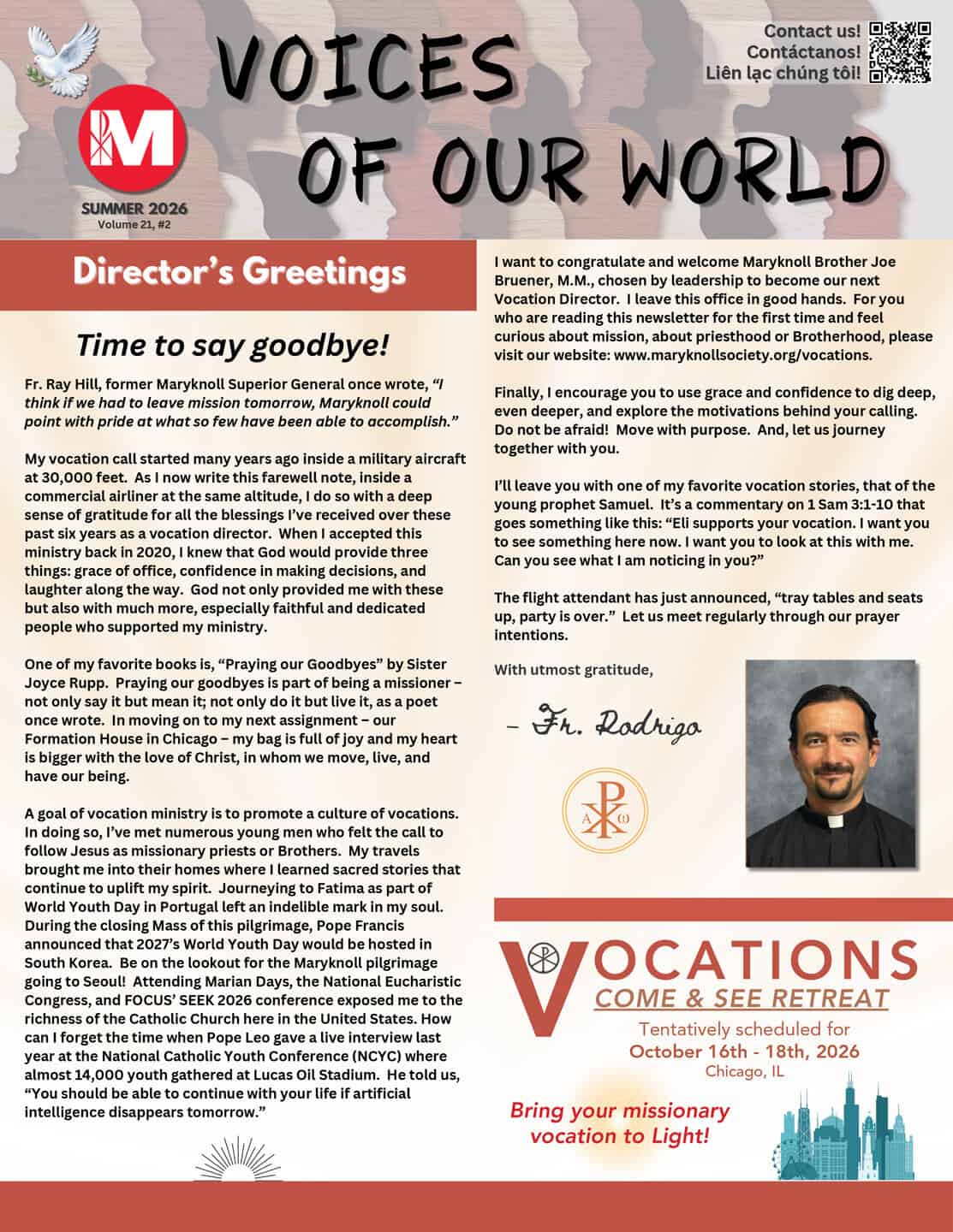 The Summer 2026 cover of Voices Of Our World, The Maryknoll Society Vocations Newsletter.